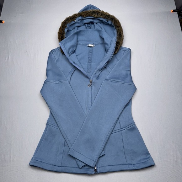 ATHLETA Blue Hooded Poly Blend Zip Jacket Removable Faux Fur Zip Pockets Sz M - Picture 3 of 7